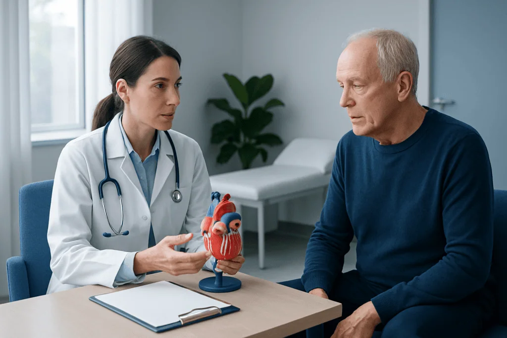 Doctor explaining heart health to senior patient with heart model.