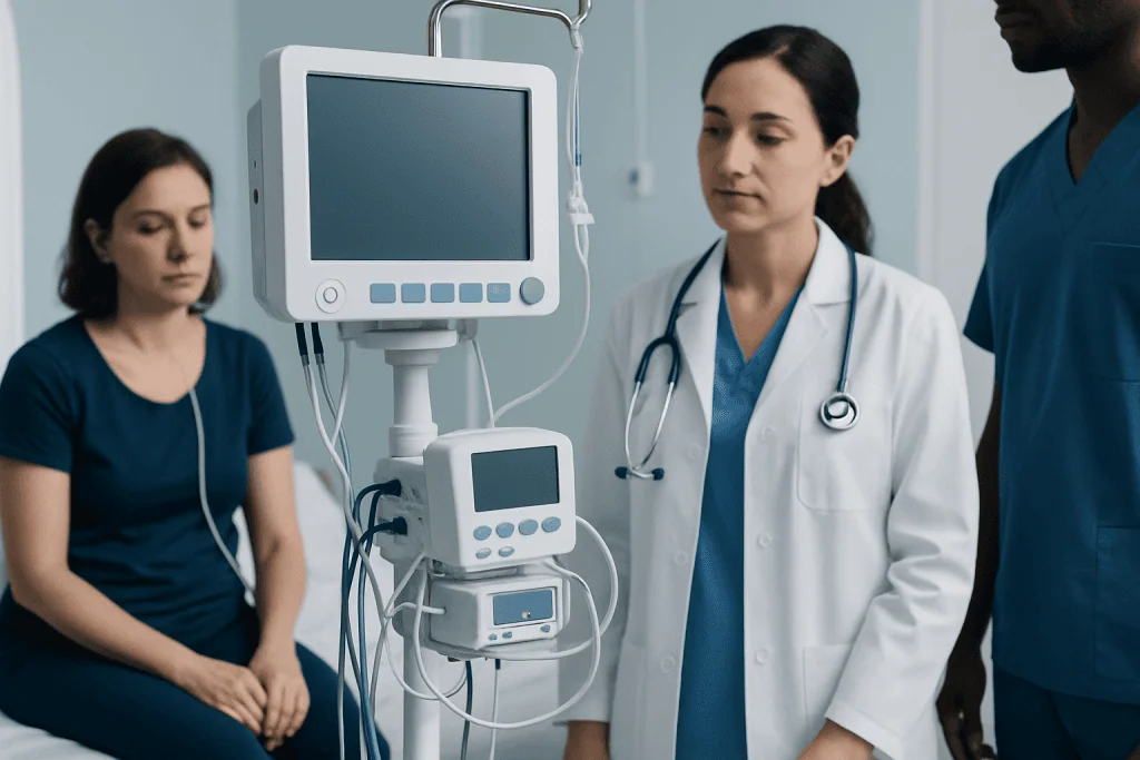 Medical professionals and patient in hospital room with monitoring equipment.