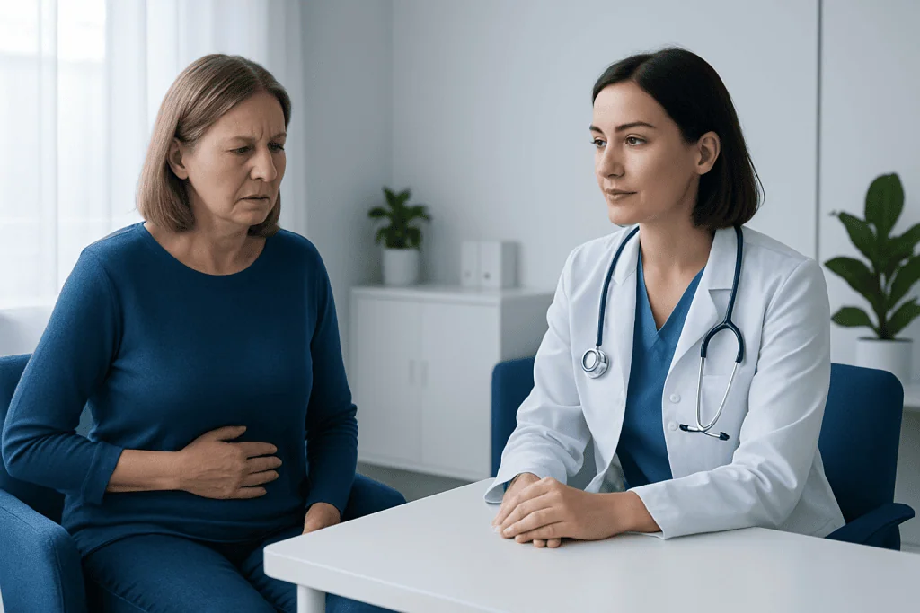 Doctor consulting with a woman patient in a medical office.