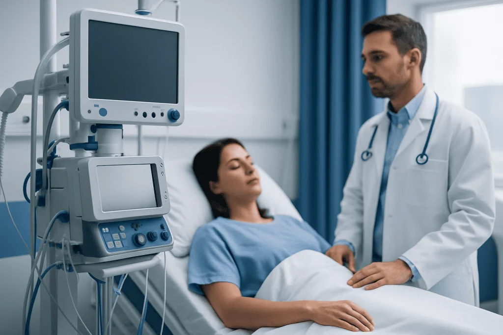 Doctor consulting with patient in hospital room with medical monitors.