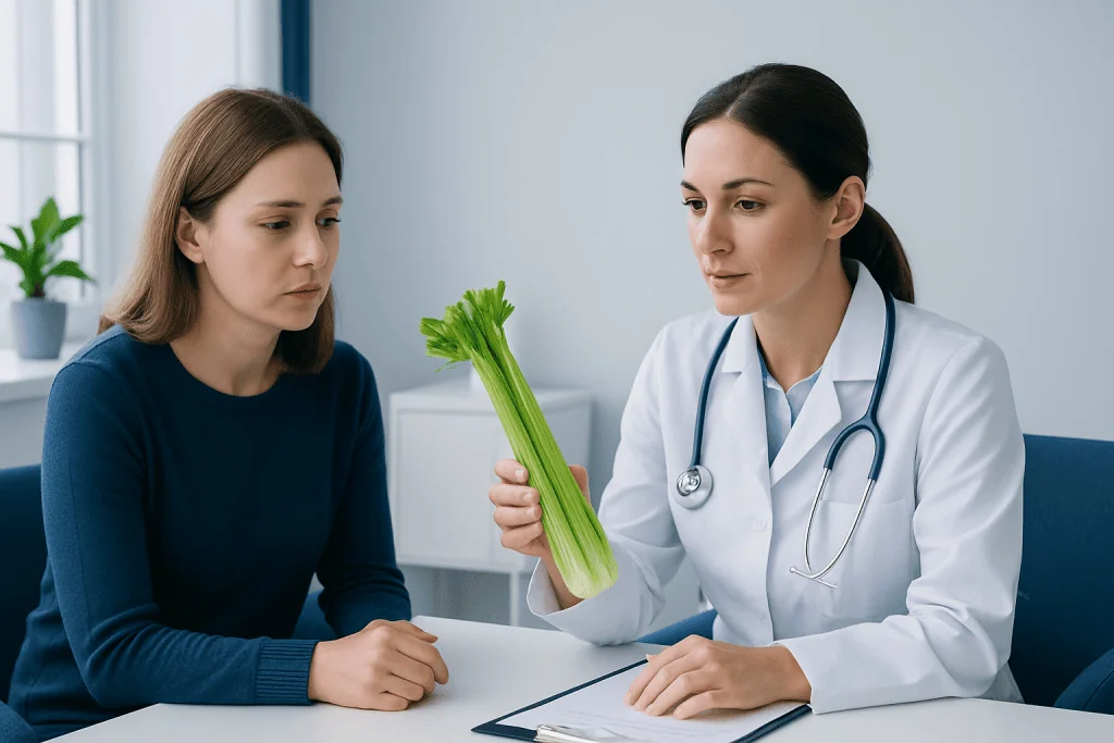 Doctor explaining celery health benefits to patient in consultation room.