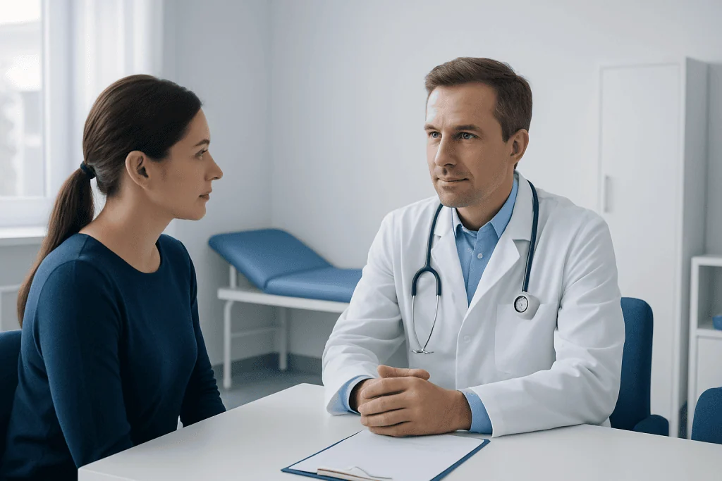 Doctor consulting with a female patient in a medical office setting.