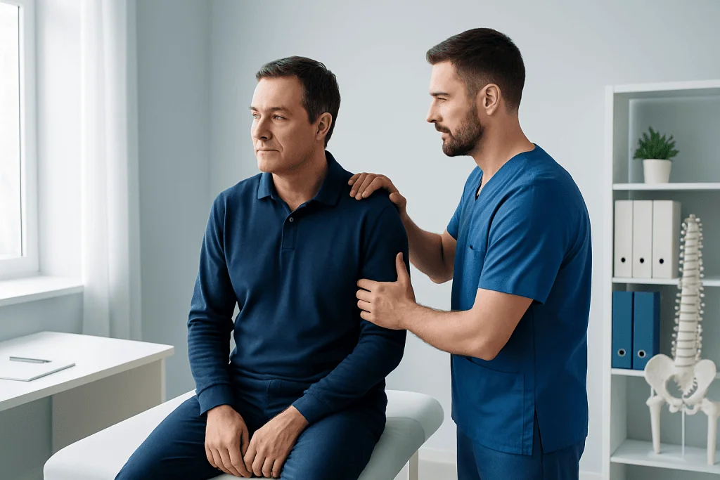 Chiropractor examining patient with shoulder pain in clinic setting.