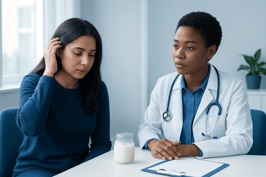 Woman consulting with doctor about hair health concerns.