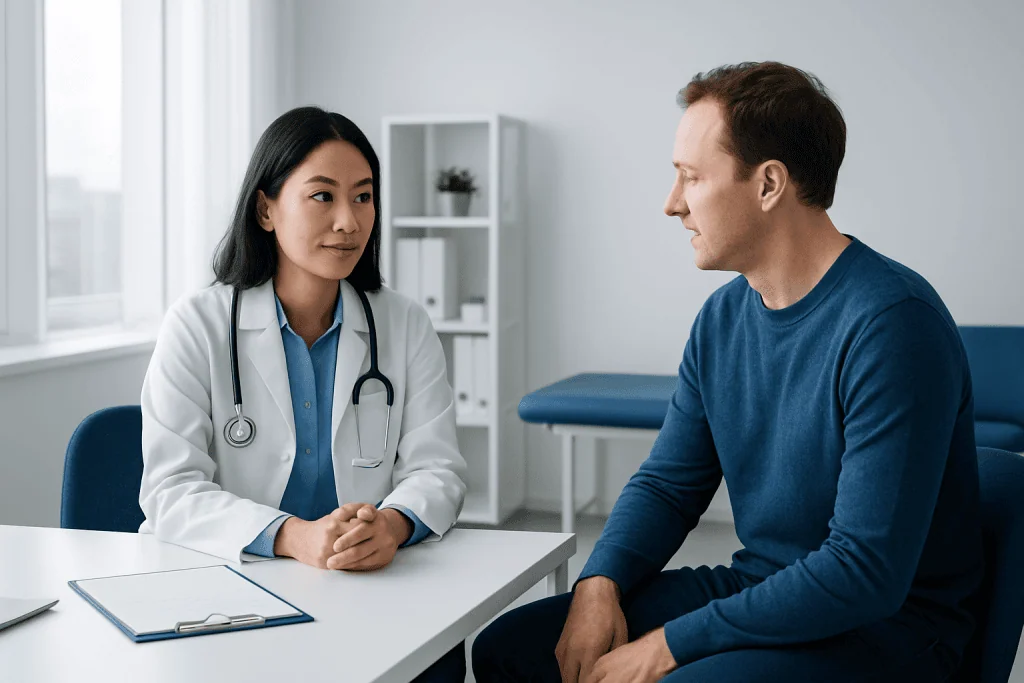 Doctor consulting with male patient in a medical office setting.