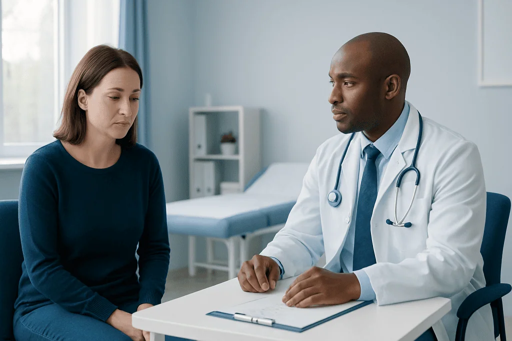 Doctor consulting with a female patient in a medical office.