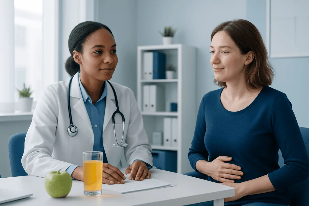 Doctor consulting patient about health in a modern clinic setting.
