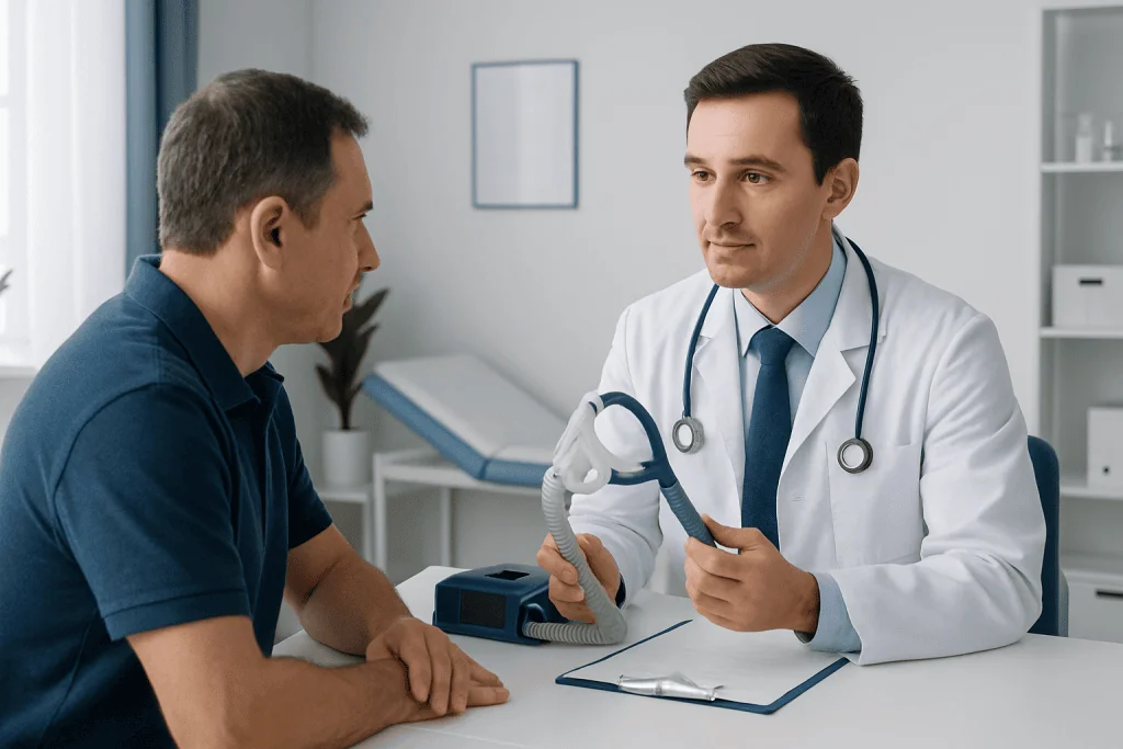 Doctor explaining CPAP and BiPAP devices to patient in clinic setting.
