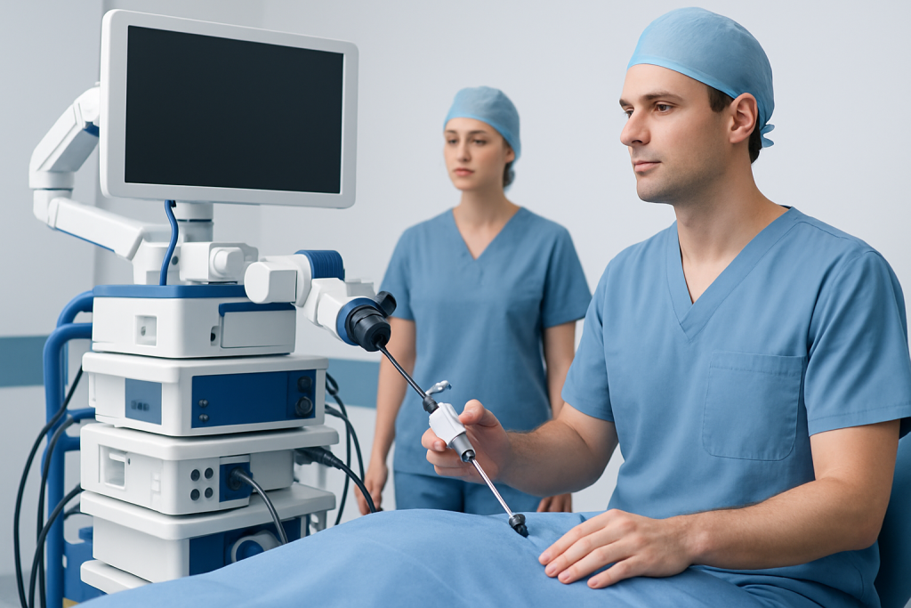 Surgeon performing cyst removal procedure in a hospital setting.