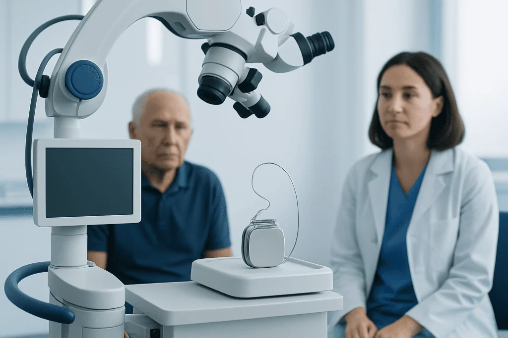 Medical professional and patient during a neurological examination with a microscope.