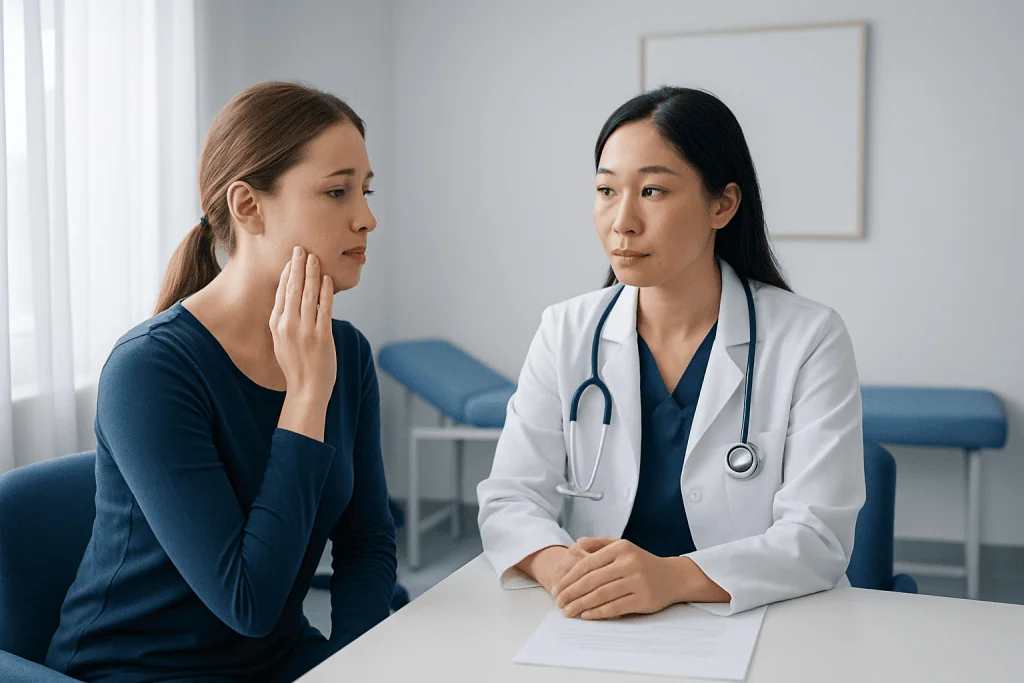 Doctor consulting with a patient about skin concerns in a clinic setting.