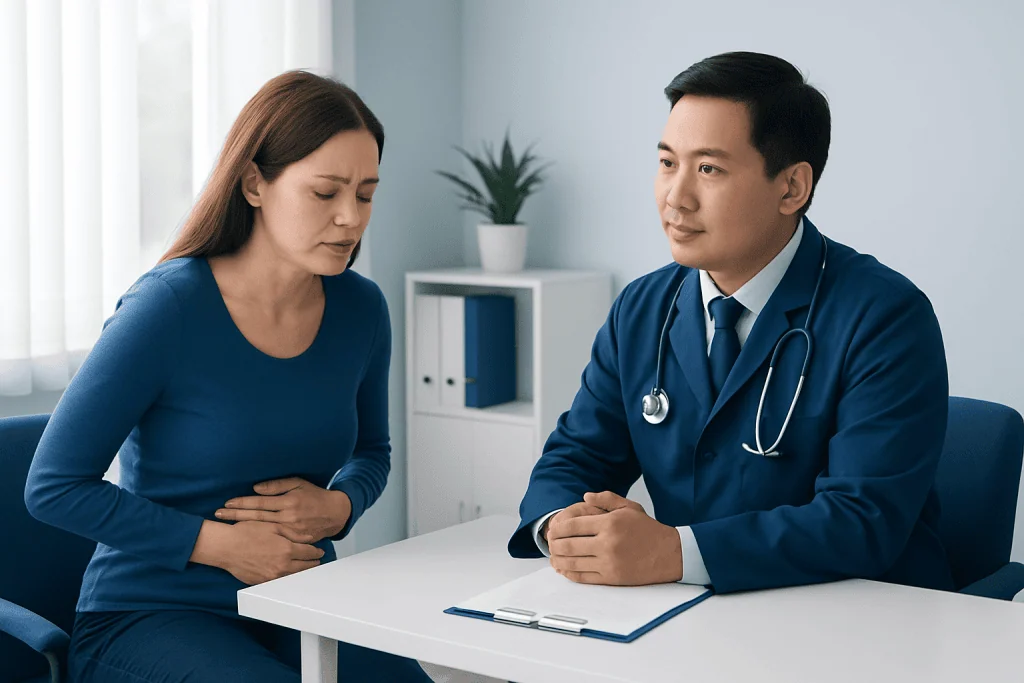 Doctor consulting with a patient about digestive health issues.