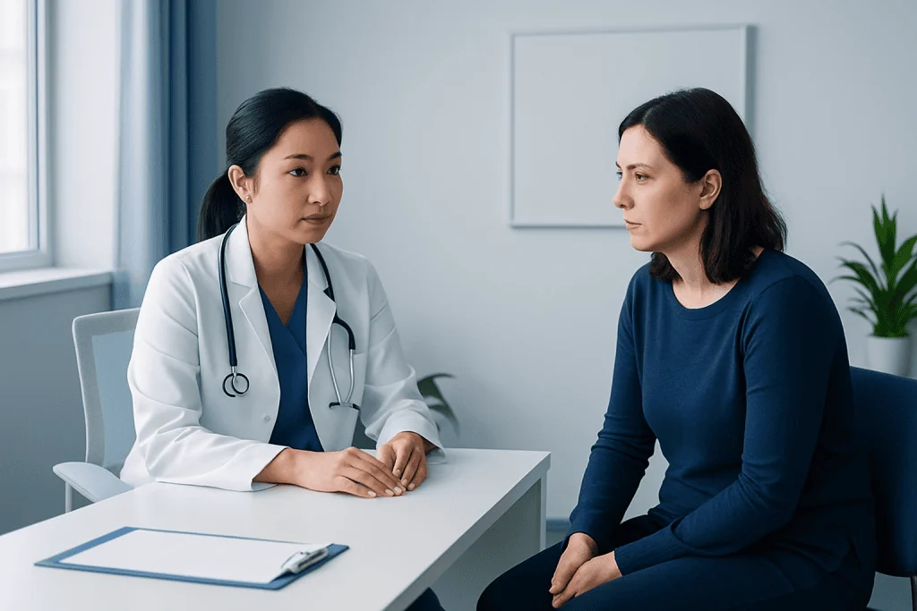 Doctor consulting with a patient in a hospital room.