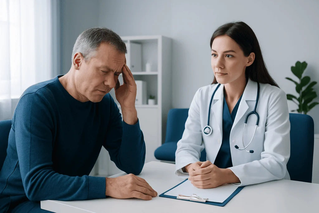 Patient experiencing dizziness during a medical consultation with a doctor.