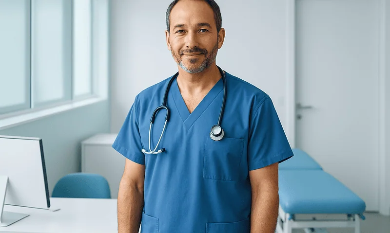 Male doctor in blue scrubs smiling in a medical examination room.