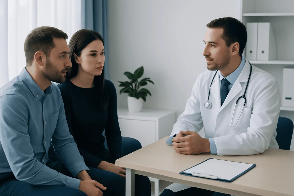 Doctor consulting with couple about fertility options at Acibadem Hospital.