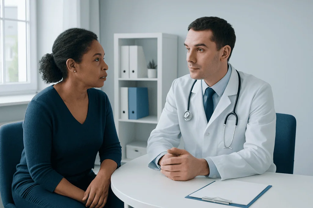 Doctor consulting with a patient in a modern medical office.