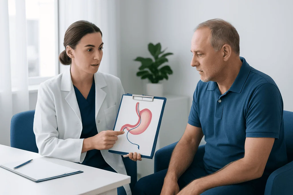 Doctor explaining gastric issues to a patient with stomach diagram.