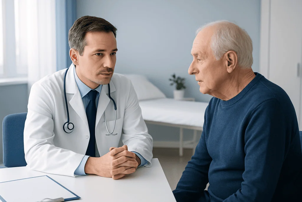 Doctor consulting with elderly patient in a hospital room.