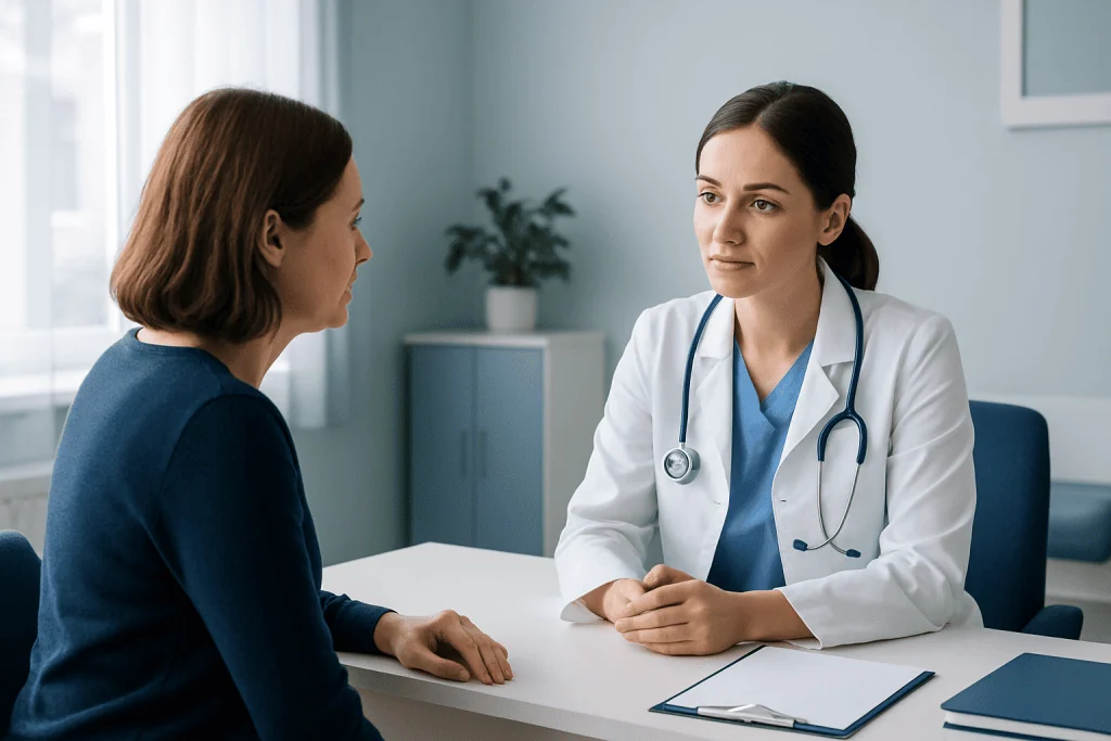 Doctor consulting with a patient in a modern medical office.