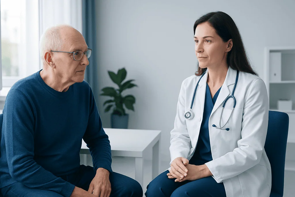 Doctor consulting with elderly male patient in a modern clinic setting.