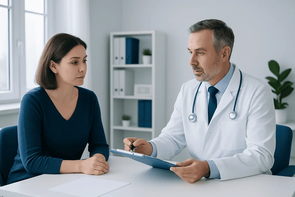 Doctor consulting with a female patient in a modern clinic setting.