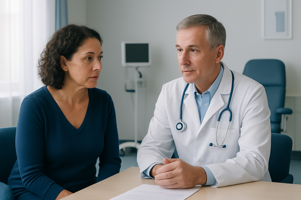 Doctor consulting with a female patient in a medical office.