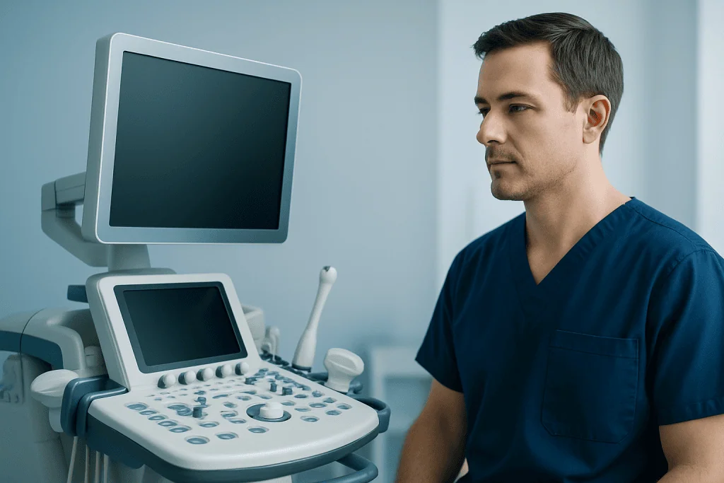 Medical professional with ultrasound machine in hospital setting.