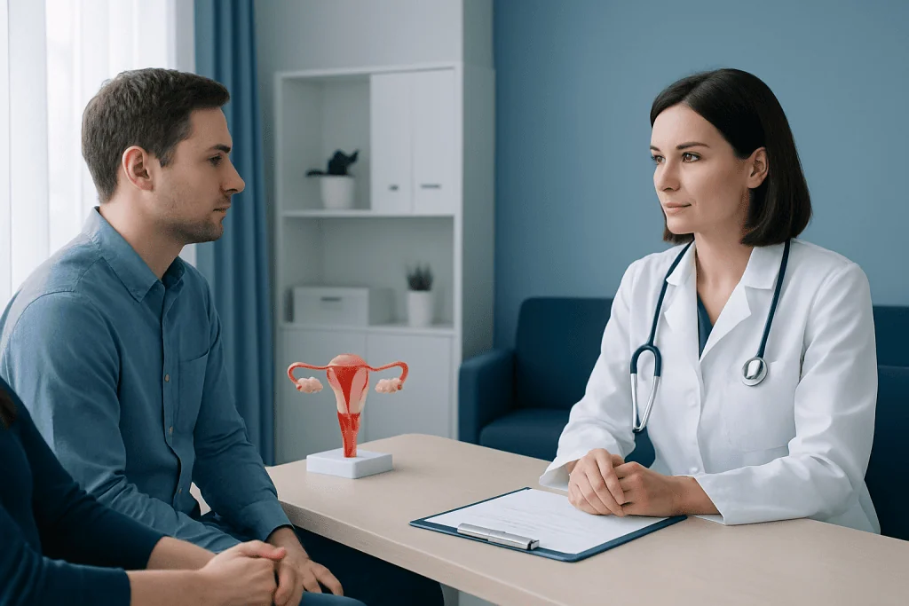 Fertility consultation with a doctor and patient discussing reproductive health.