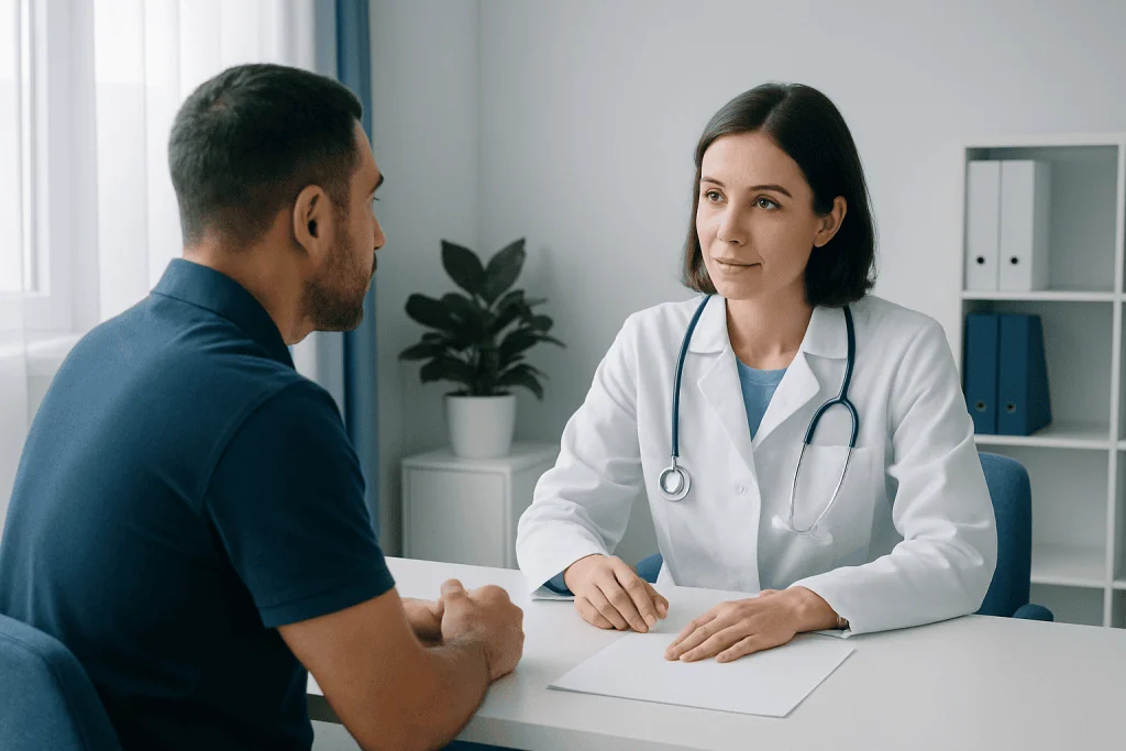 Doctor consulting with a patient in a modern medical office setting.
