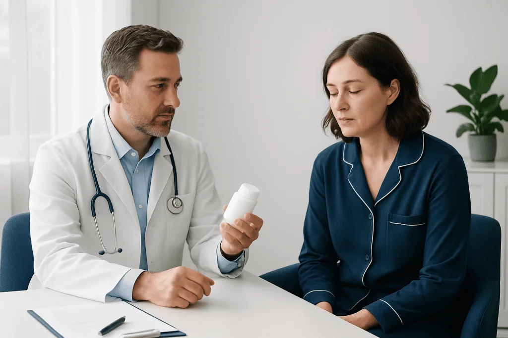Doctor explaining medication to a patient in a consultation room.