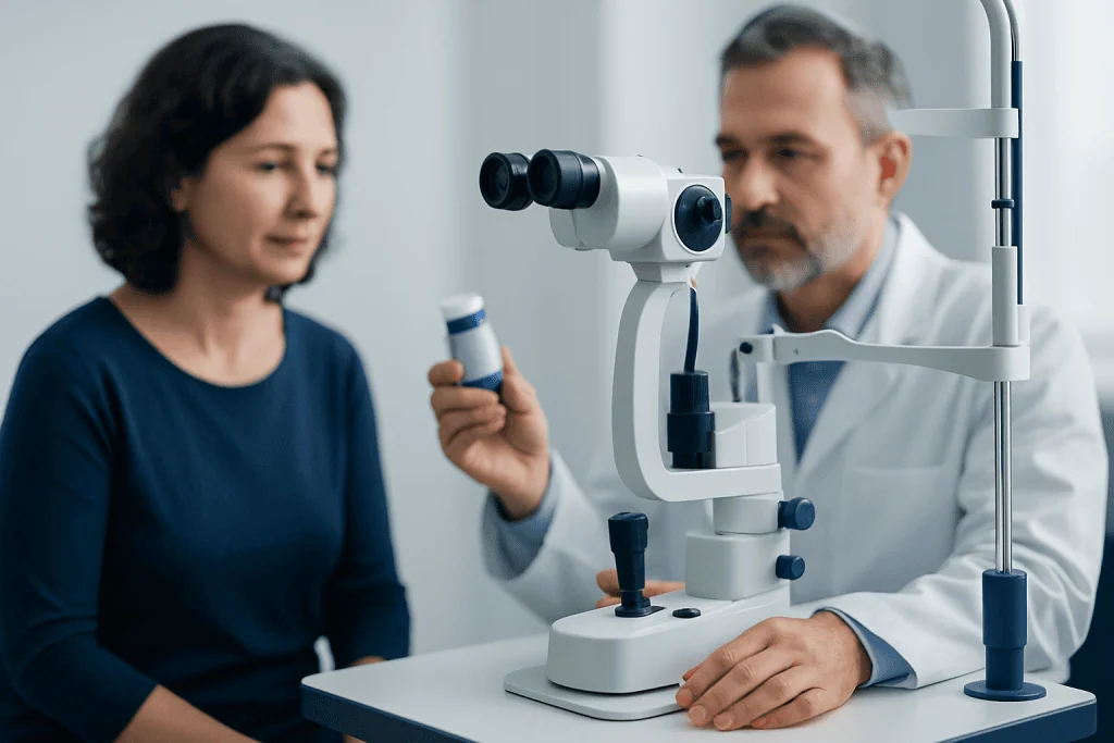 Optometrist examining patient's eye with slit lamp in clinic.