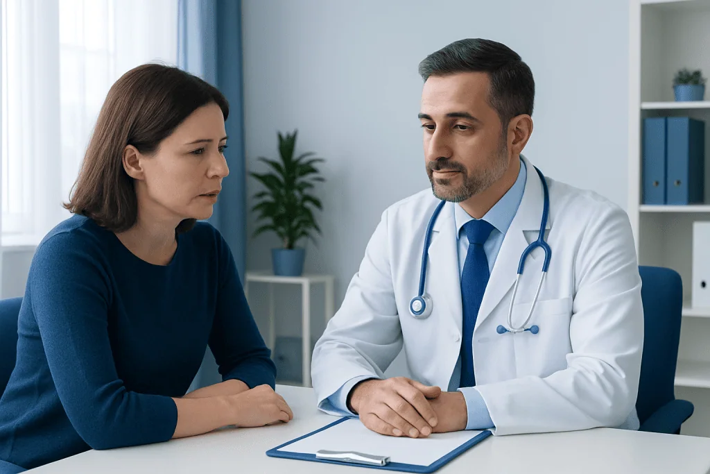 Doctor consulting with a female patient in a medical office setting.