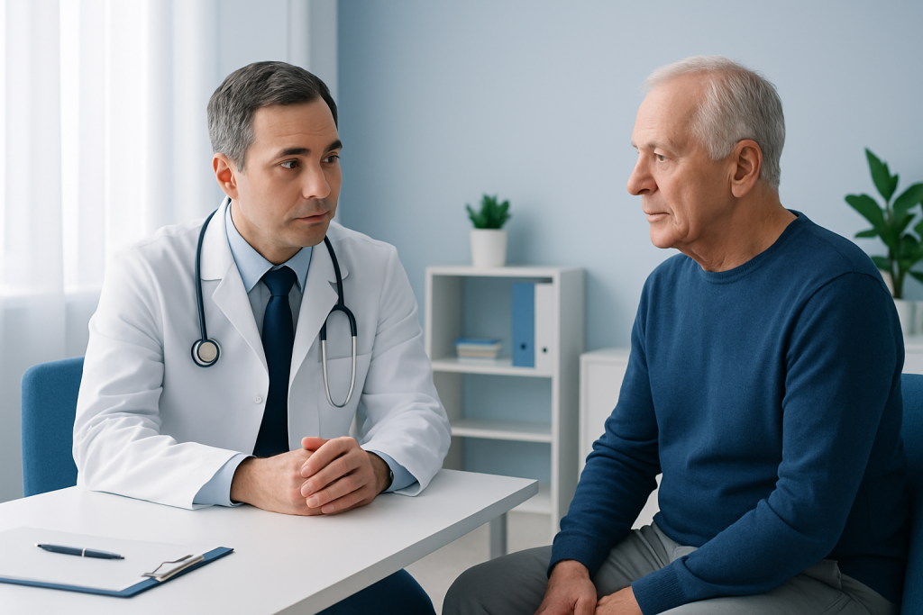 Doctor consulting with an elderly patient in a medical office.