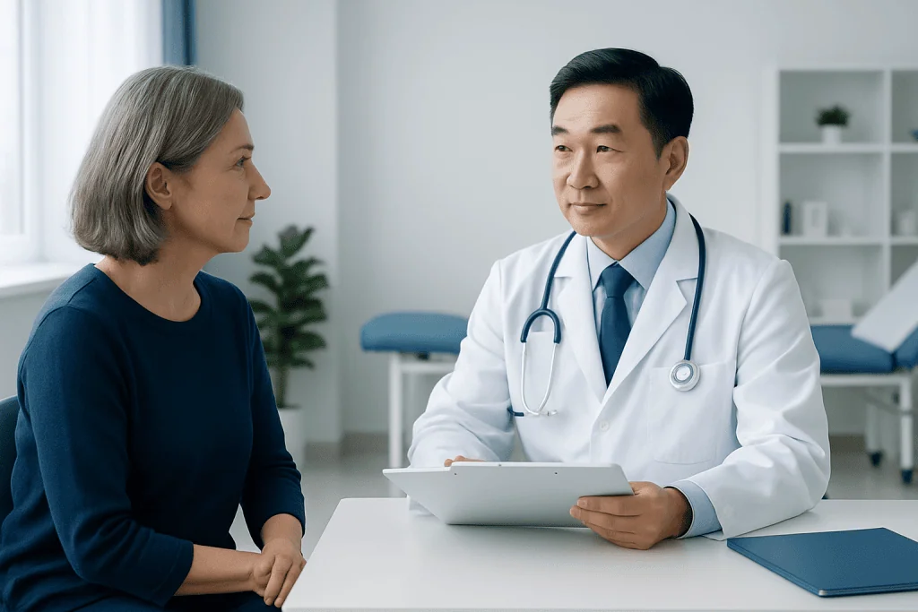 Doctor consulting with a female patient in a modern clinic setting.