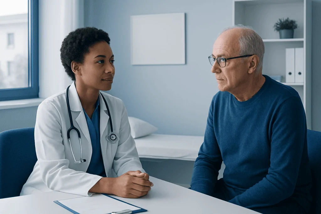Doctor consulting with an elderly male patient in a medical office.