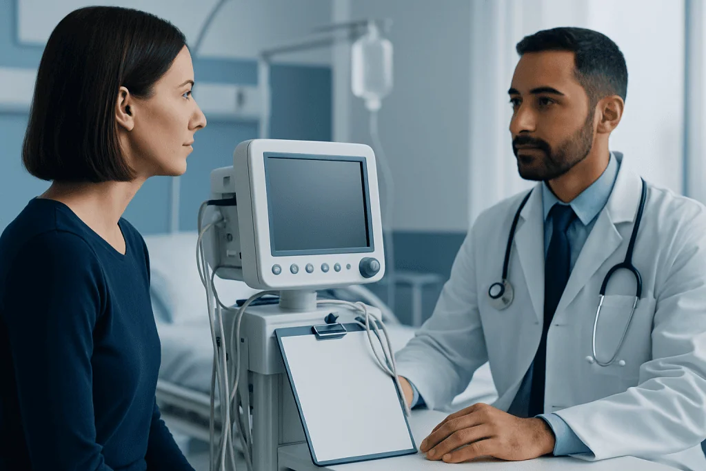 Doctor consulting female patient in hospital room with medical equipment.