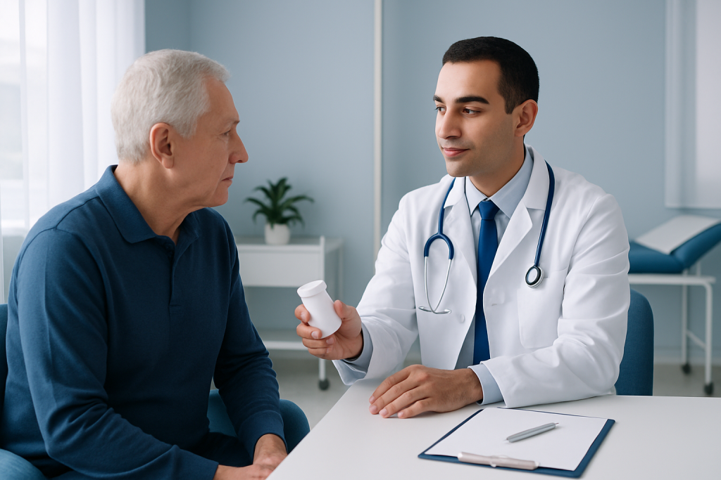 Doctor consulting with elderly patient in a medical office setting.