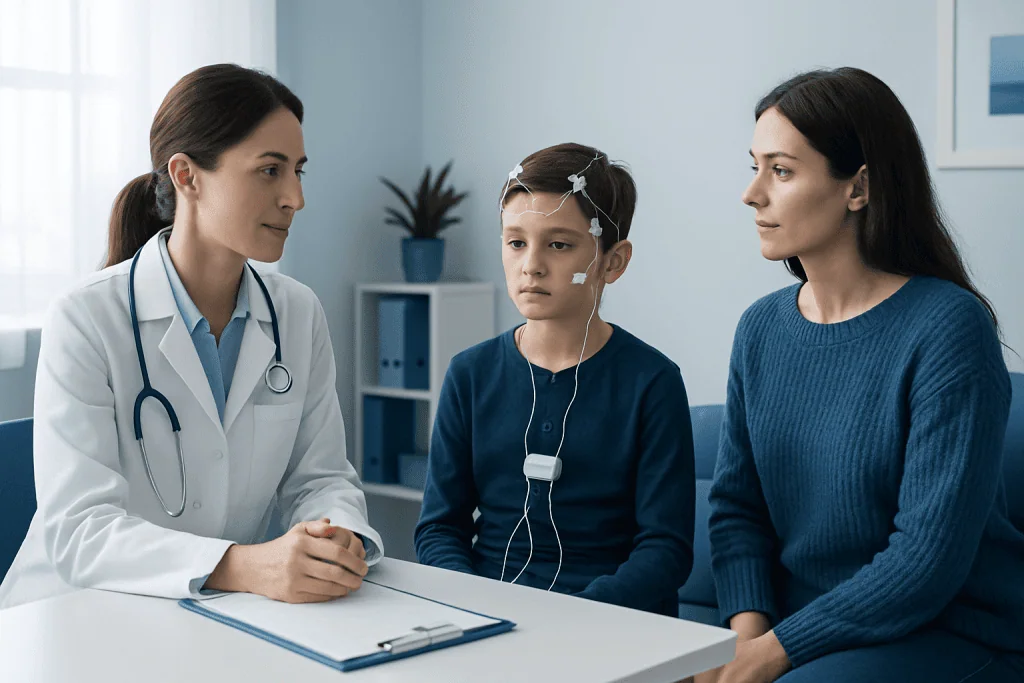 Child undergoing a pediatric sleep study with medical staff in a clinic.