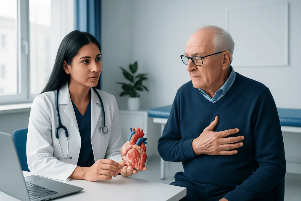 Doctor explaining heart health to elderly patient in clinic.