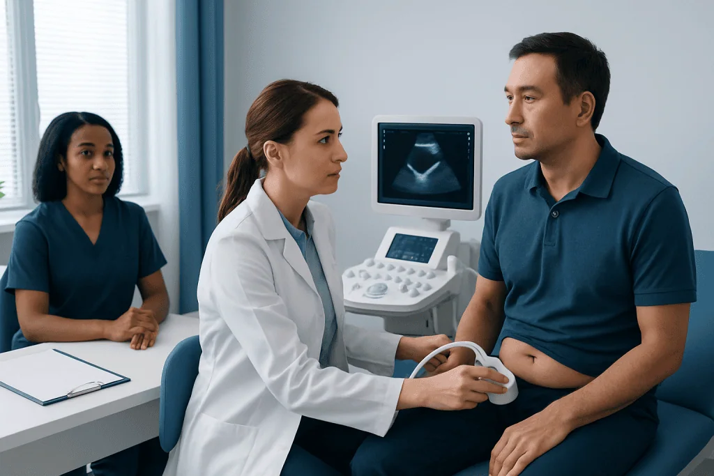 Doctor performs gallbladder ultrasound on male patient in clinic.