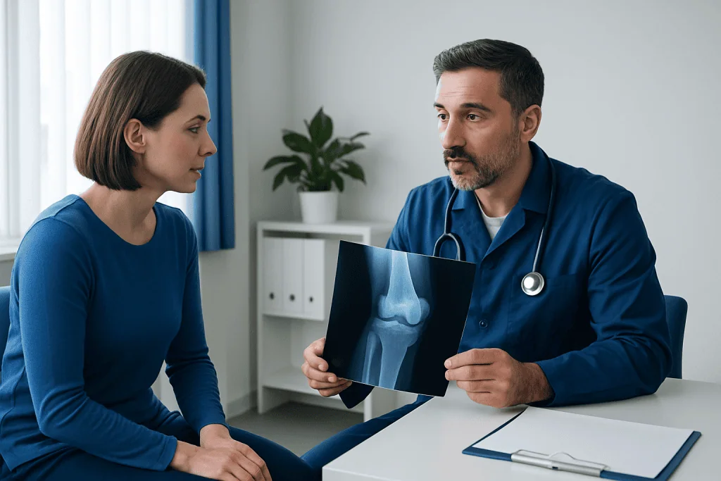 Doctor explaining knee X-ray to female patient in consultation room.