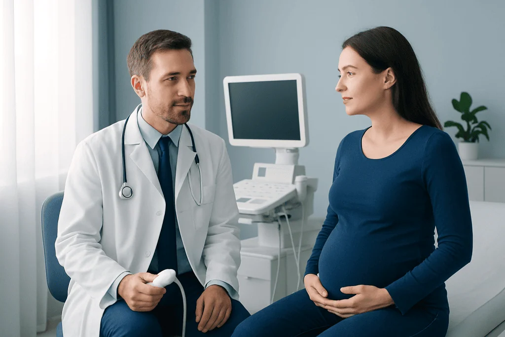 Doctor performing ultrasound on pregnant woman in clinic.