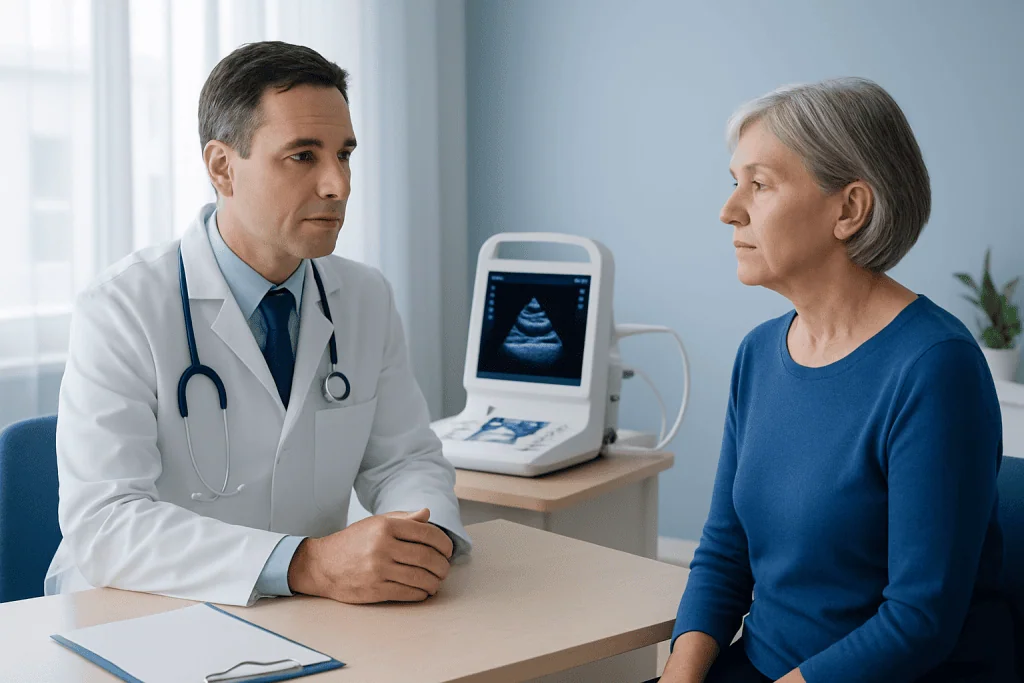 Doctor consulting with an elderly woman in a medical office with ultrasound equipment.