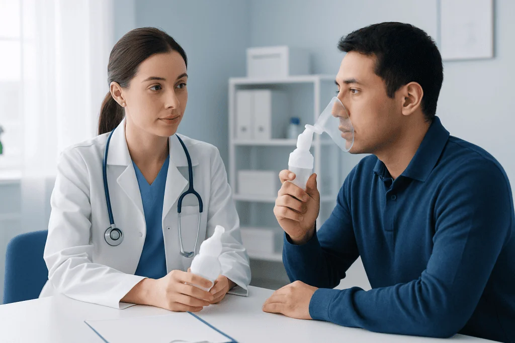 Doctor demonstrating inhaler use to patient in a clinical setting.