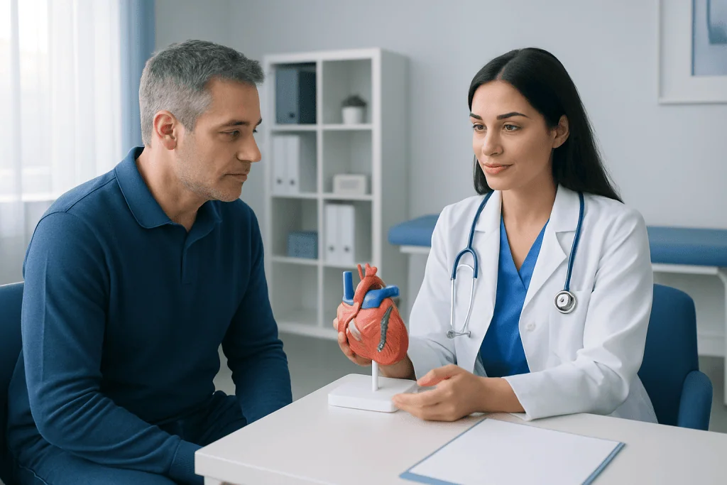 Doctor explaining heart model to patient in a consultation room.