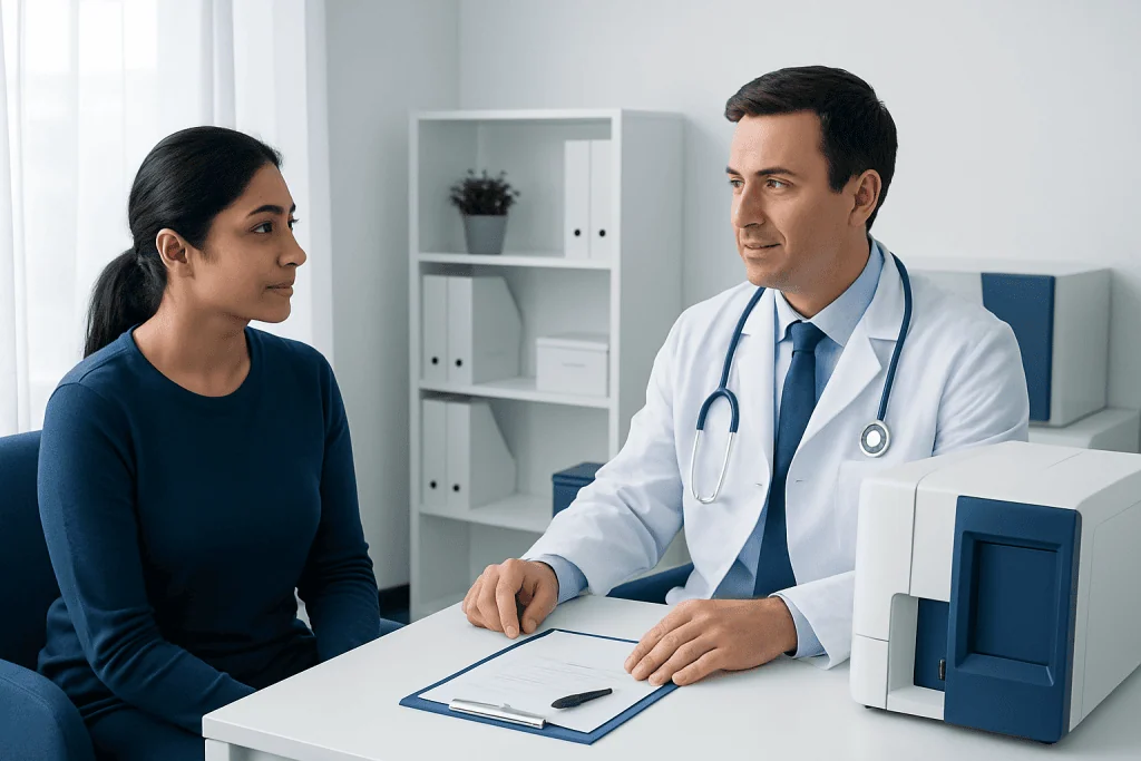 Doctor consulting with a patient in a medical office with laboratory equipment.