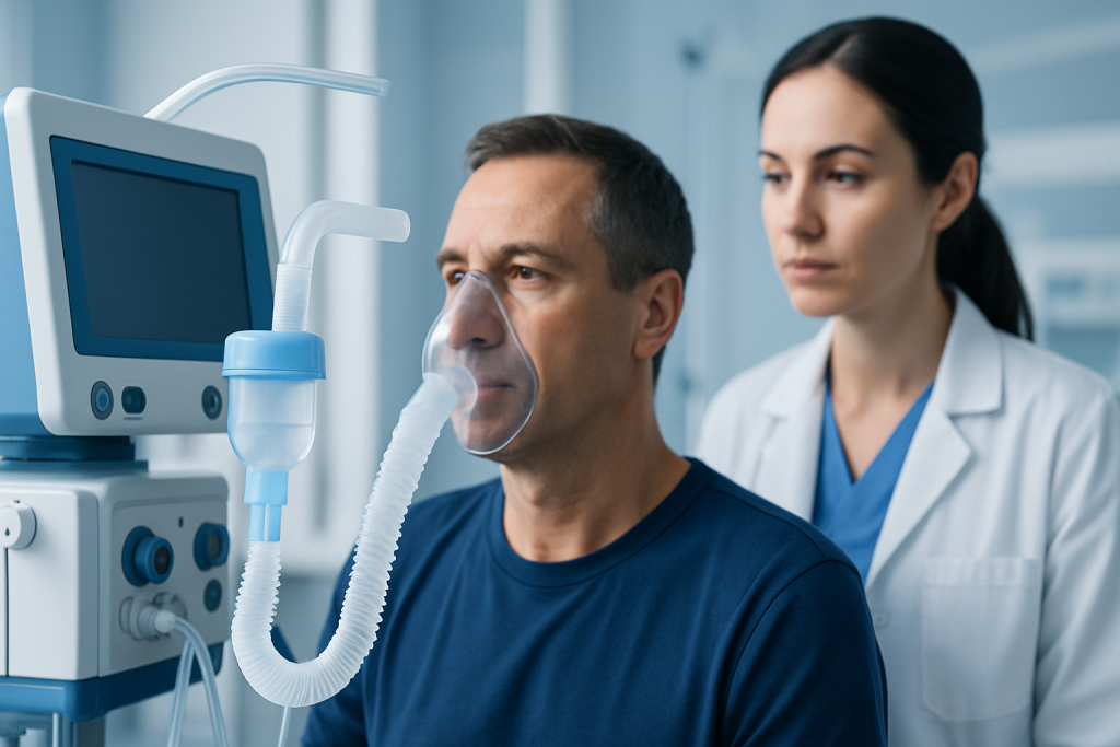 Patient receiving respiratory treatment in a hospital setting.