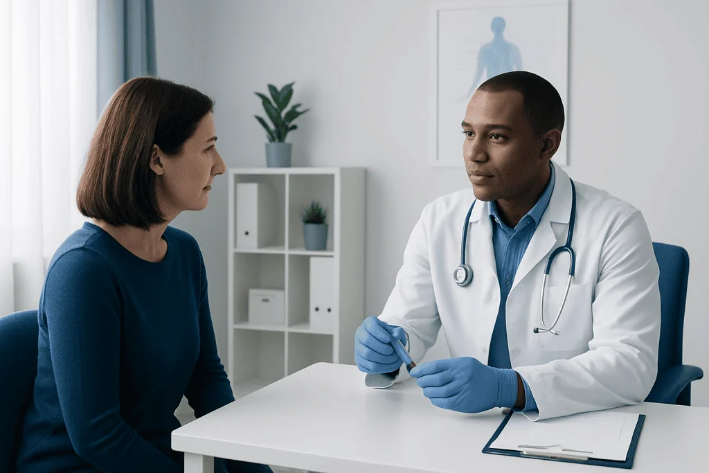 Doctor consulting with a patient in a modern medical office.