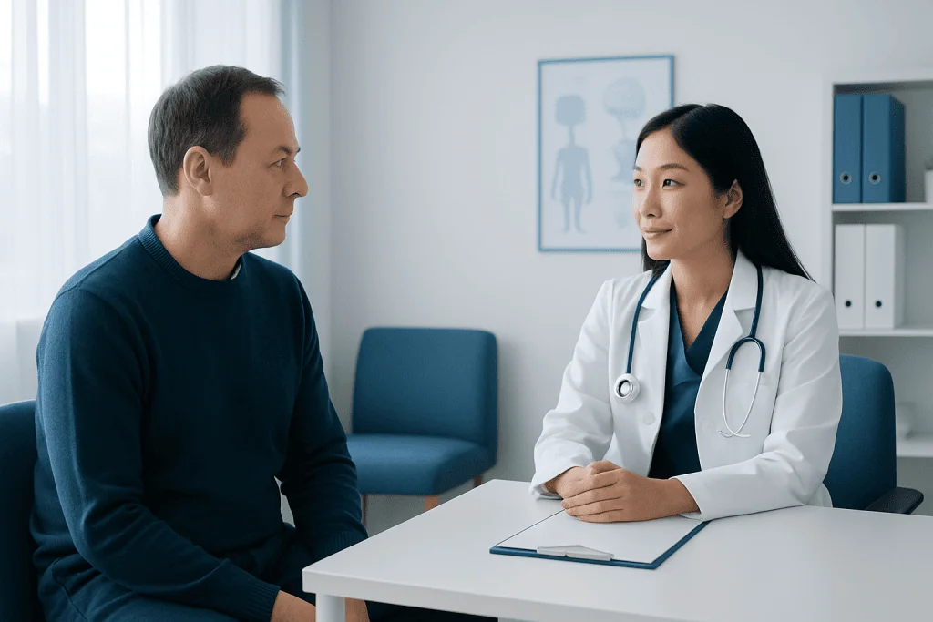 Doctor consulting with a male patient in a modern medical office.